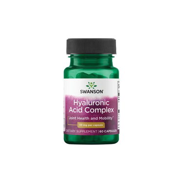 A green bottle of Swanson Hyaluronic Acid Complex 33 mg, labeled for joint and musculoskeletal health and mobility, contains 60 capsules.